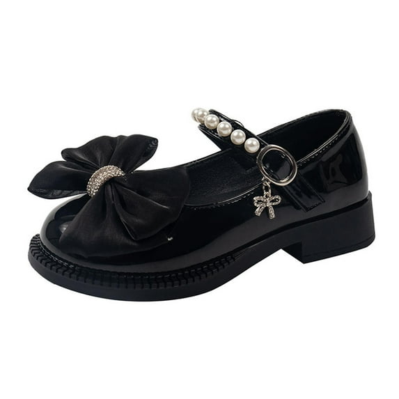 FAOWME Kids BabyGirls Leather Shoes Summer Soft Bottom Pearl Bow With Dress Princess Shoes Little Child/Big Kids Black 7-8 Years