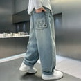thumbnail image 1 of FAOWME Kids Boy Casual Jeans With Pockets Oversized Elastic Waist Straight Fit Wide Leg Loose Fit Comfortable Denim Pants Trousers For Daily Wear,Light Blue,9-10Y, 1 of 9