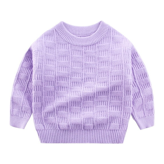 FAOWME Kids Boy Girl Sweater Crew Neck Long Sleeve Knit Solid Color Warm Comfortable Loose Top For Fall Winter Daily Wear,Purple,4-5Y