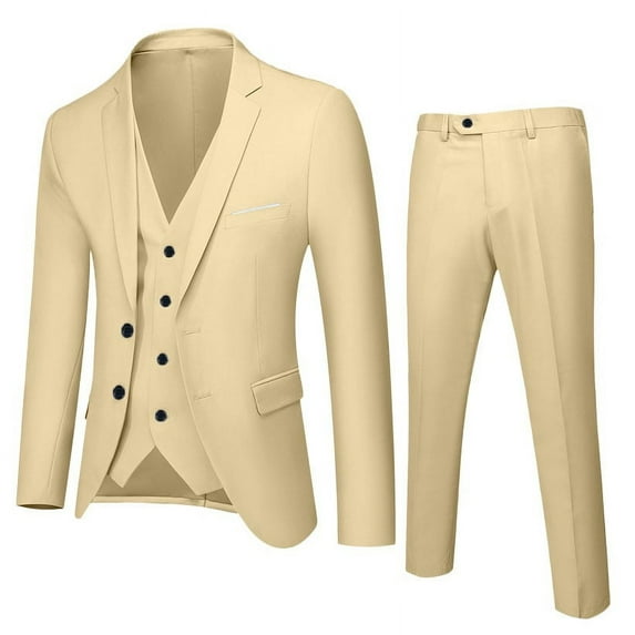 FAOWME Kids Boys 3Pc Formal Suit Sets Solid Color Long Sleeve Buttons Coat With Pocket Vest Pants Slim Fit Comfortable Outfits For Wedding,Khaki,12-13 Years