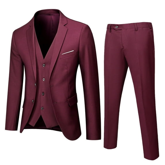 FAOWME Kids Boys 3Pc Formal Suit Sets Solid Color Long Sleeve Buttons Coat With Pocket Vest Pants Slim Fit Comfortable Outfits For Wedding,Wine,17-18 Years