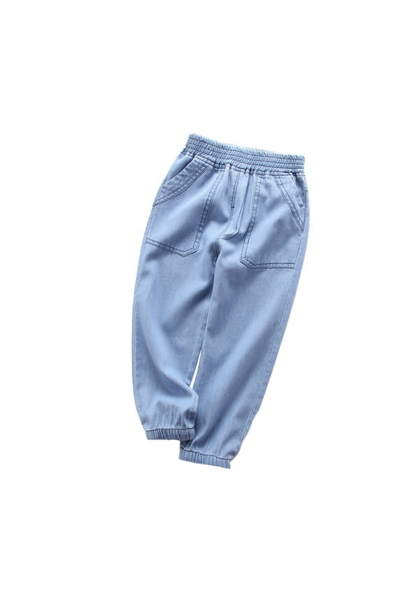 Kids Boys Denim Jeans Pants Tapered Leg Solid Color Casual Trousers Slim Fit Cargo Joggers Sky Blue 5-6 Years