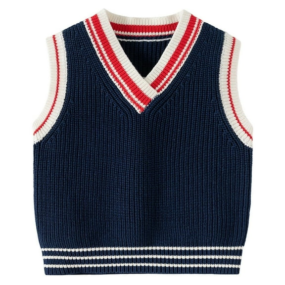 FAOWME Kids Boys Girls Knitted Vest Sleeveless V Neck Patchwork Warm Loose Knitwear Top For Autumn Winter Daily Wear,Navy,5-6 Years
