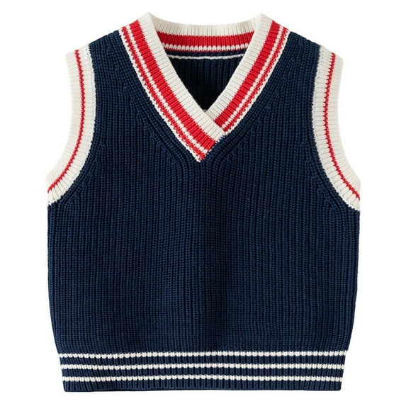 FAOWME Kids Boys Girls Knitted Vest Sleeveless V Neck Patchwork Warm Loose Knitwear Top For Autumn Winter Daily Wear,Navy,5-6 Years