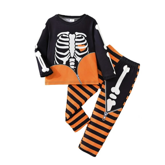 FAOWME Kids Boys Halloween Outfits Long Sleeve Skeleton Print Top And Elastic Waist Pants Comfortable Set For Party Dress Up,Black,18-24 Months