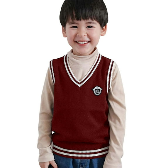 FAOWME Kids Boys Knitted Vest Sleeveless V Neck Print Color Block Warm Lightweight Sweater Top For Autumn Winter Daily Wear,,3-4 Years