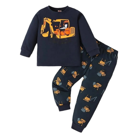 FAOWME Kids Boys Outfits Excavator Printed Long Sleeve Crew Neck Sweatshirt And Pants Two Piece Casual Comfortable Sets For Daily Wear,Navy,5-6 Years