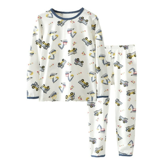 FAOWME Kids Boys Pajama Set Two Piece Car Print Long Sleeve Round Neck Top And Elastic Waist Pants Comfortable Warm Outfit For Casual Daily Wear,White,2-3 Years