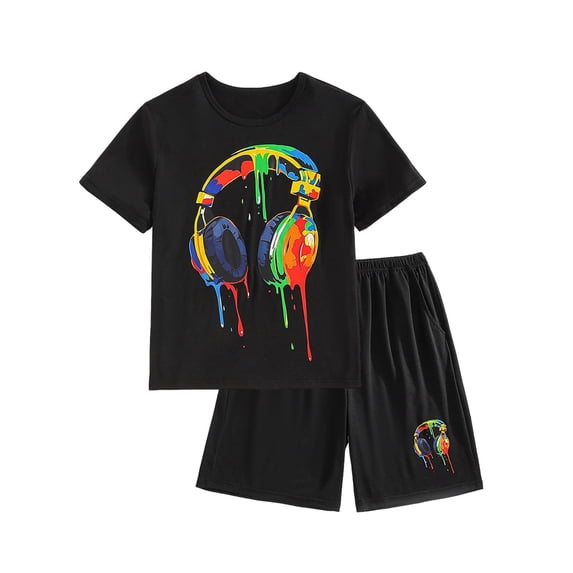 FAOWME Kids Boys Summer Outfit Short Sleeve Round Neck Graphic Print Tee And Shorts Breathable Comfortable Two Piece Set For Casual Daily Wear,Black,5 Years