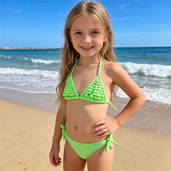 FAOWME Kids Girls Bikini Set Two Piece Sleeveless Halter Neck Solid Color Top And Swim Shorts Comfortable Fashion Swimwear For Pool Beach Party,Green,11-12 Years