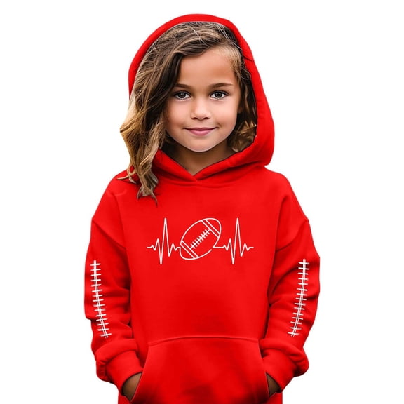 FAOWME Kids Girls Boys Hoodies With Pocket Long Sleeve Football Print Plush Stylish Comfortable Top Sweatshirts For Autumn Winter Everyday Wear Watermelon Red 3-4 Years