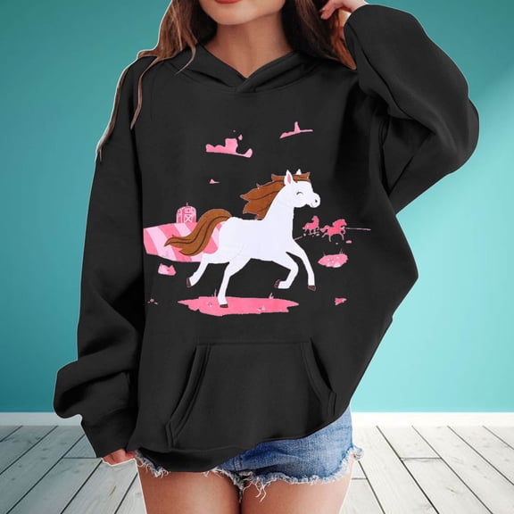 FAOWME Kids Girls Hoodies With Pocket Long Sleeve Cartoon Aniaml Print Drawstring Warm Comfortable Sweatshirts For Daily Wear Black 4-5 Years