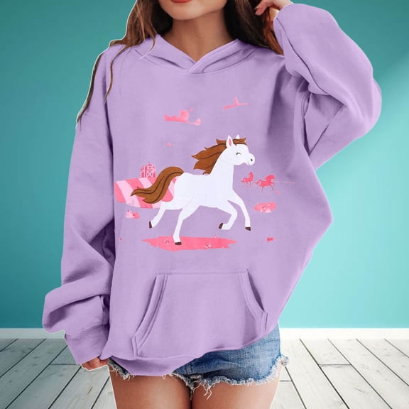 FAOWME Kids Girls Hoodies With Pocket Long Sleeve Cartoon Aniaml Print Drawstring Warm Comfortable Sweatshirts For Daily Wear Purple 2-3 Years