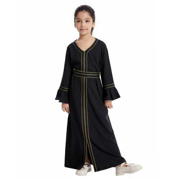 FAOWME Kids Girls Long Sleeve Kaftan Maxi Prayer Clothes Dresses Abaya Black 7-8 Years