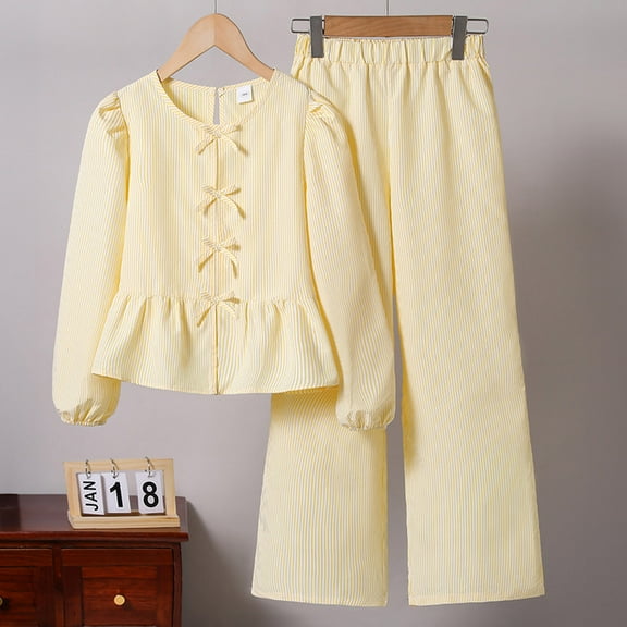 FAOWME Kids Girls Outfits Cute Bow Tie Detail Long Sleeve Striped Print Top And Elastic Waist Pants Stylish Comfortable Sets For Daily Wear,Yellow,9-10 Years