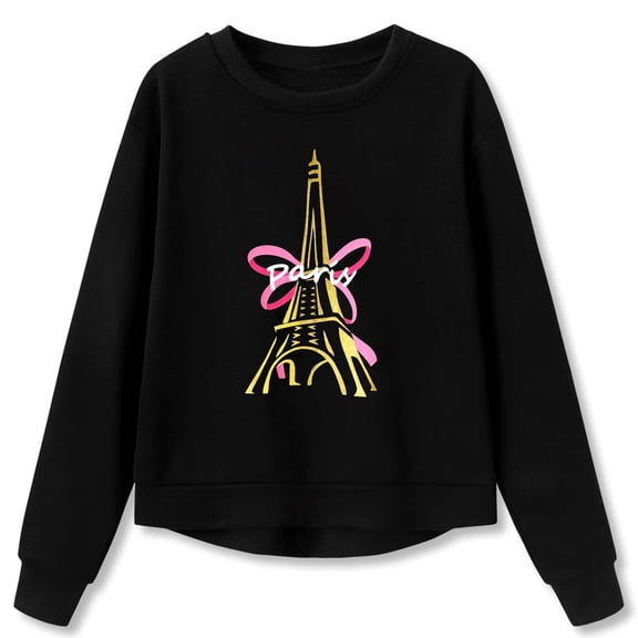 FAOWME Kids Girls Pullovers Long Sleeve Round Neck Letter Print Breathable Comfortable Sweatshirts For Autumn Winter Everyday Wear Black 4-5 Years