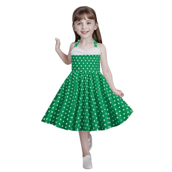 FAOWME Kids Girls Strap Spliced Polka Dot Vintage Children Dress Princess Dress Green 11-12 Years