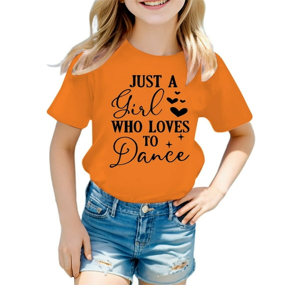 FAOWME Kids Girls T-Shirt Cute Graphic Round Neck Short Sleeve Tee Summer Casual Tops Orange 11-12 Years