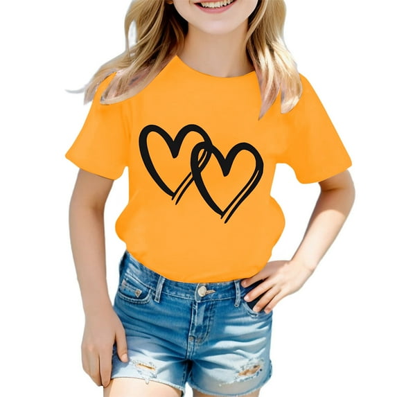 FAOWME Kids Girls T-Shirt Cute Graphic Round Neck Short Sleeve Tee Summer Casual Tops Yellow 3-4 Years