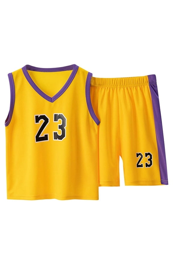 Kids Summer Basketball Suit Quick Drying Sports Vest Sleeveless 2PCS Soccer Suit On V Neck Yellow 11-12Years