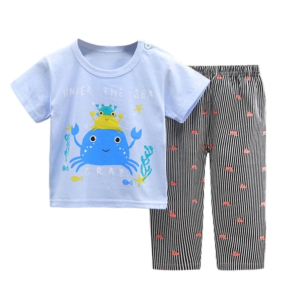 FAOWME Kids Summer Tops With Pants Home Boys Girls Cartoon Printed Short Sleeve T Shirt Long Pants Outfits Suits Children Clothing Clothes Sets Lovely O-Neck Dailywear