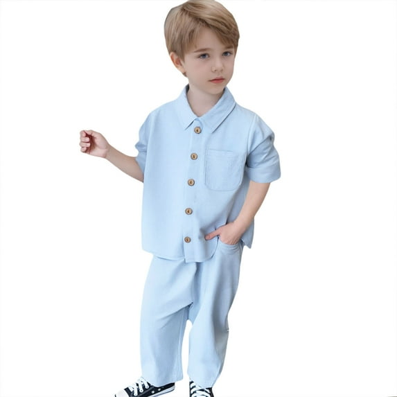 FAOWME Kids Toddler Baby Boys Solid Color Button Autumn Long Sleeve Shirt Pants Set Clothes Outfits Blue 3-4 Years