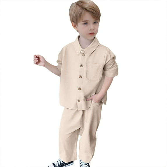 FAOWME Kids Toddler Baby Boys Solid Color Button Autumn Long Sleeve Shirt Pants Set Clothes Outfits White 18-24 Months