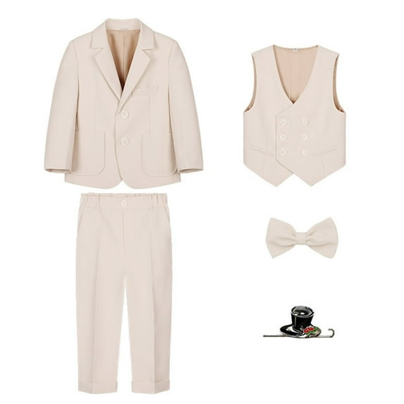 FAOWME Kids Toddler Baby Boys Spring Autumn Plaid Long Sleeve Shirt Pants Coat Bow Tie Outfits 5PC Suit Clothe Beige 6-7 Years