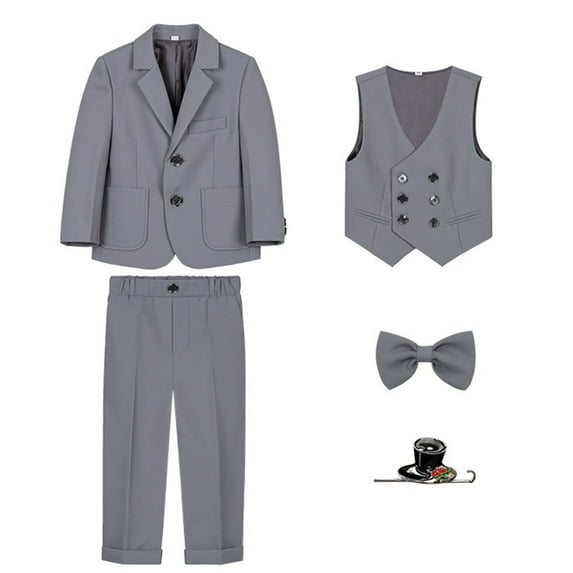 FAOWME Kids Toddler Baby Boys Spring Autumn Plaid Long Sleeve Shirt Pants Coat Bow Tie Outfits 5PC Suit Clothe Grey 9-10 Years