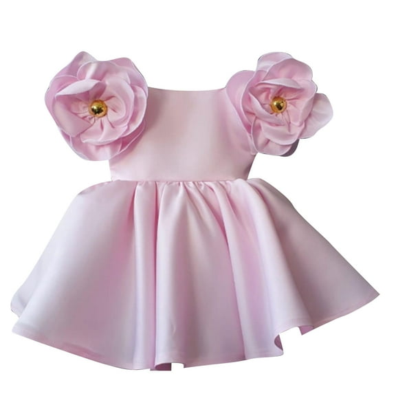 FAOWME Kids Toddler Baby Girls Spring Summer Flower Cotton Short Sleeve Party Princess Dress Sundress Vacation Dresses Pink 3-4 Years