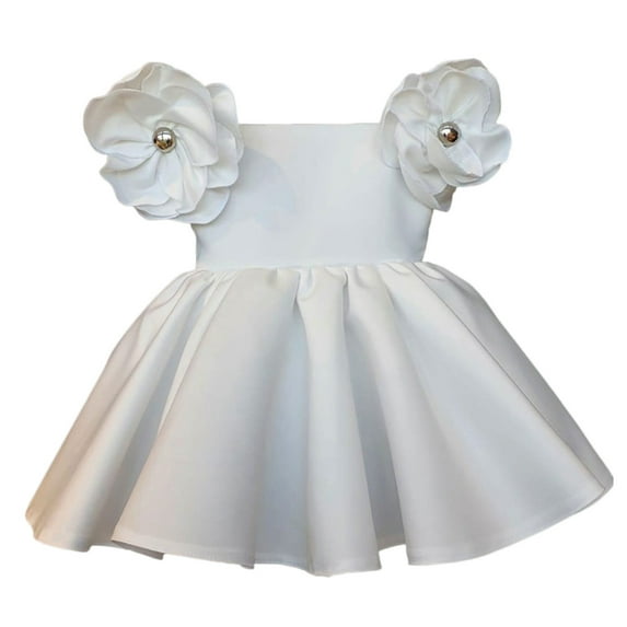 FAOWME Kids Toddler Baby Girls Spring Summer Flower Cotton Short Sleeve Party Princess Dress Sundress Vacation Dresses White 3-4 Years