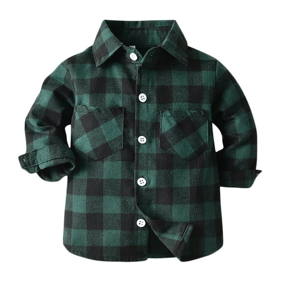 FAOWME Kids Toddler Flannel Shirt Jacket Plaid Long Sleeve Lapel Button Down Shacket Baby Boys Girls Shirt Tops Coat Outwear Green 12-18 Months