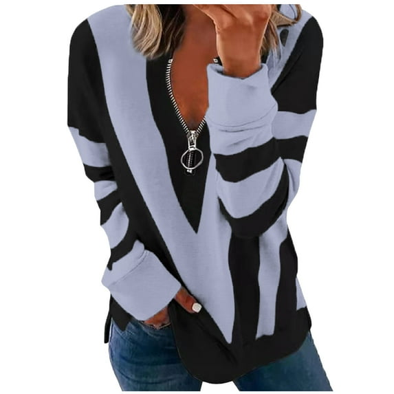 FAOWME Ladies T Shirt Zipper V Neck Long Sleeved Strip Printing Comfortable Fashion Top For Casual Daily Wear,Grey,L