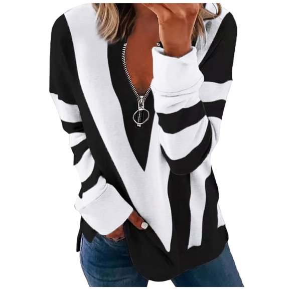 FAOWME Ladies T Shirt Zipper V Neck Long Sleeved Strip Printing Comfortable Fashion Top For Casual Daily Wear,White,Xl