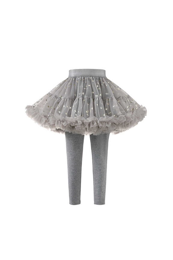 Little Girls Footless Leggings With Tutu Ruffle Skirt Stretchy Pantskirt Light Gray 4-5 Years