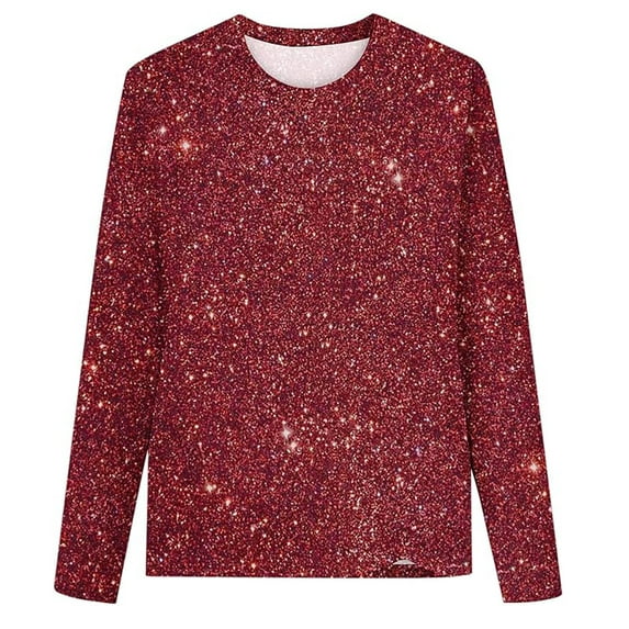 FAOWME Long Sleeve Girls Sequin Printed Sweater Children Round Flash Shirt Long Range Spring Summer Shirt Brick Red 6-7 Years