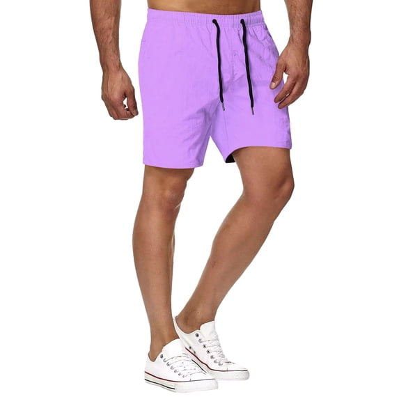 FAOWME Male Summer Shorts Drawstring Elastic Waist Solid Color Comfortable Breathable Loose Fit Shorts For Casual Daily Wear,Purple,Xl