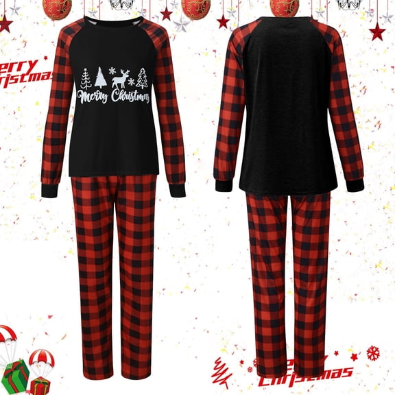 FAOWME Matching Family Christmas Pajamas Sets Long Sleeve Round Neck Christmas Tree Print Top And Plaid Pants Festival Party Holiday Warm Sleepwear For Women Mom-Red M