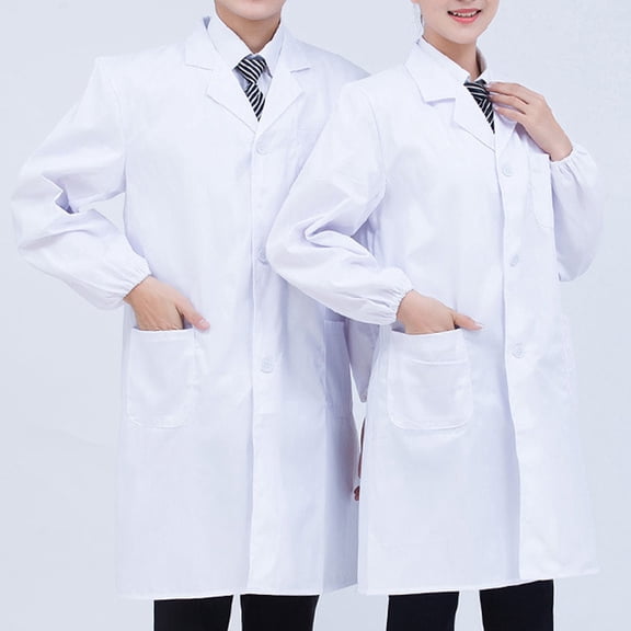 FAOWME Men And Women Lab Coat With Pockets Long Sleeve Turndown Collar Buttons Coat For Doctors And Beauty Versatile Laboratory Workwear,White,S
