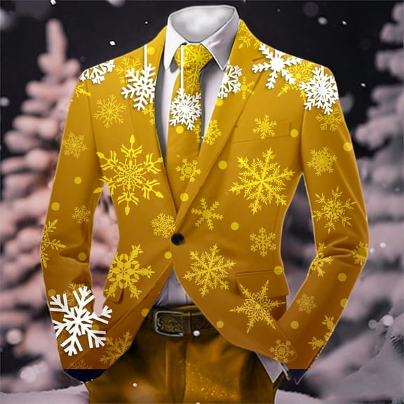 FAOWME Men Formal Coat Long Sleeve Lapel Button Christmas Print Elegant Casual Comfortable Jacket For Holiday Party Gold L