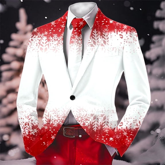 FAOWME Men Formal Coat Long Sleeve Lapel Button Christmas Print Elegant Casual Comfortable Jacket For Holiday Party Red S
