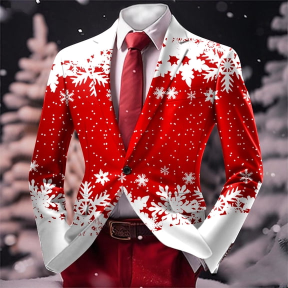 FAOWME Men Formal Coat Long Sleeve Lapel Button Christmas Print Elegant Casual Comfortable Jacket For Holiday Party Red Xxl