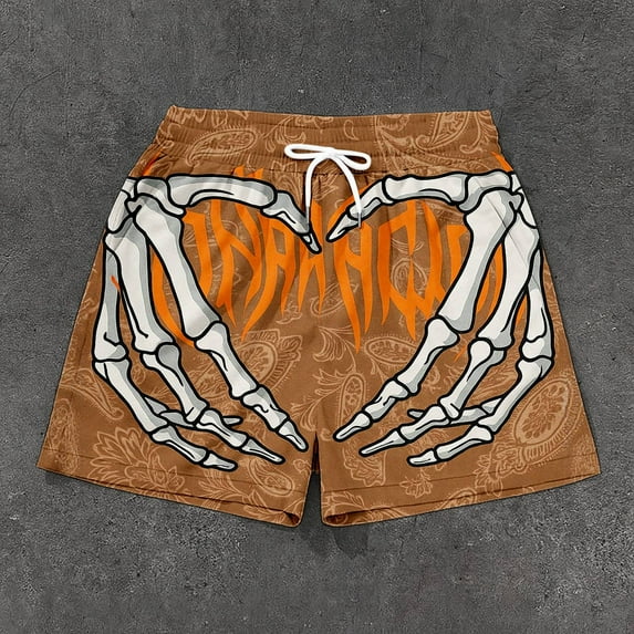 FAOWME Men Halloween Shorts With Pocket Drawstring Elastic Waist Skeleton Print Wide Leg Loose Fit Shorts For Casual Daily Wear,Brown,M