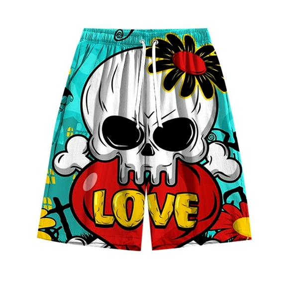 FAOWME Men Halloween Shorts With Pocket Drawstring Elastic Waist Skull Print Wide Leg Loose Fit Shorts For Casual Daily Wear,Light Blue,Xxl