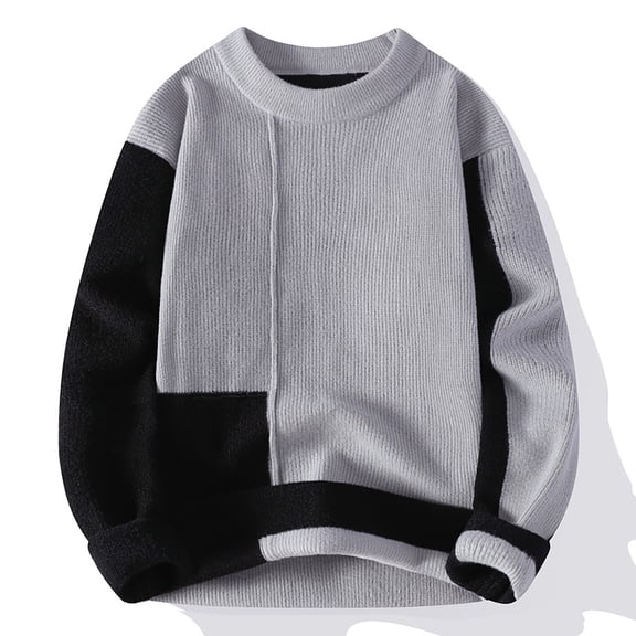 FAOWME Men Knitted Sweater Long Sleeve Round Neck Color Block Comfortable Warm Thickened Pullover Top For Autumn Winter Daily Wear Black M