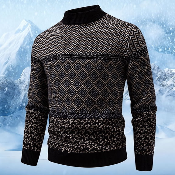 FAOWME Men Knitted Sweater Long Sleeve Round Neck Geometric Print Comfortable Warm Thickened Pullover Top For Autumn Winter Daily Wear Black Xxl