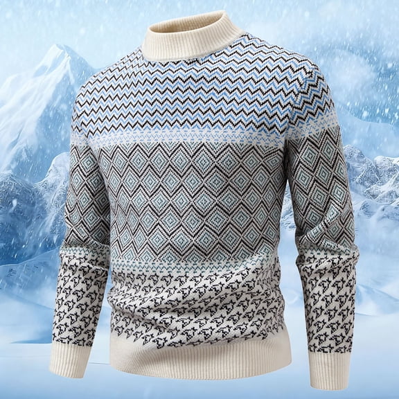 FAOWME Men Knitted Sweater Long Sleeve Round Neck Geometric Print Comfortable Warm Thickened Pullover Top For Autumn Winter Daily Wear White Xxl