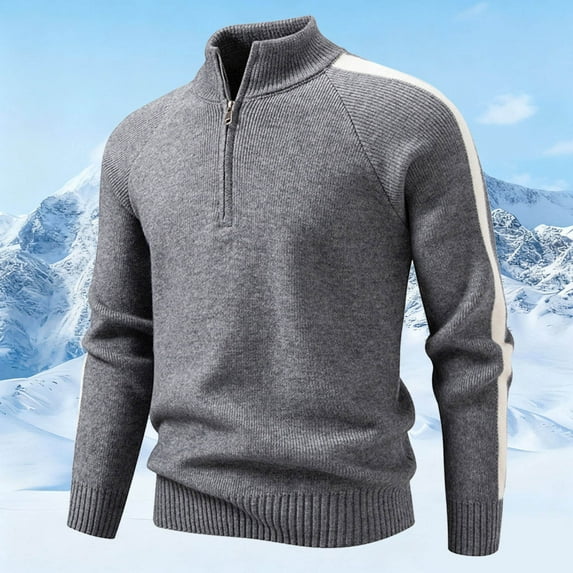 FAOWME Men Knitted Sweater Long Sleeve Stand Collar Solid Color Half Zipper Warm Comfortable Pullover Top For Autumn Winter Daily Wear Grey Xl