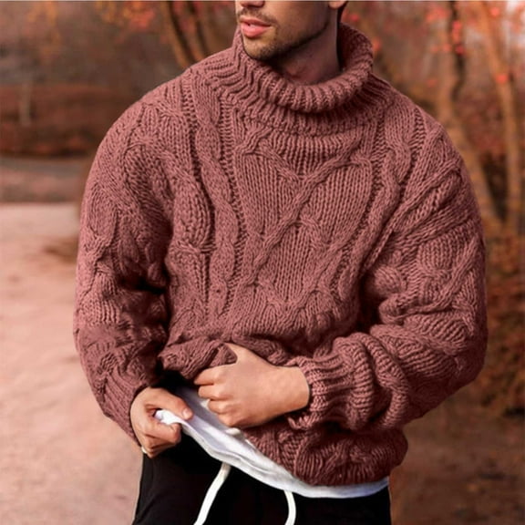 FAOWME Men Knitted Sweater Long Sleeve Turtleneck Solid Color Fashion Comfortable Warm Loose Pullover Top For Autumn Winter Daily Wear Red S