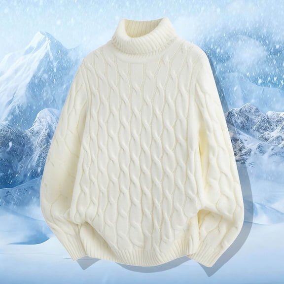 FAOWME Men Knitted Sweater Long Sleeve Turtleneck Solid Color Fashion Warm Comfortable Slim Fit Pullover Top For Autumn Winter Daily Wear White L